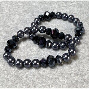 Black Hematite Beaded Stretch Bracelets with Faceted Crystal Accents for Women